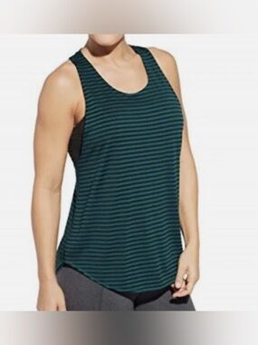 CALIA Tank Top Deep Teal Green Black Striped Racerback Reversible Yoga Mesh S